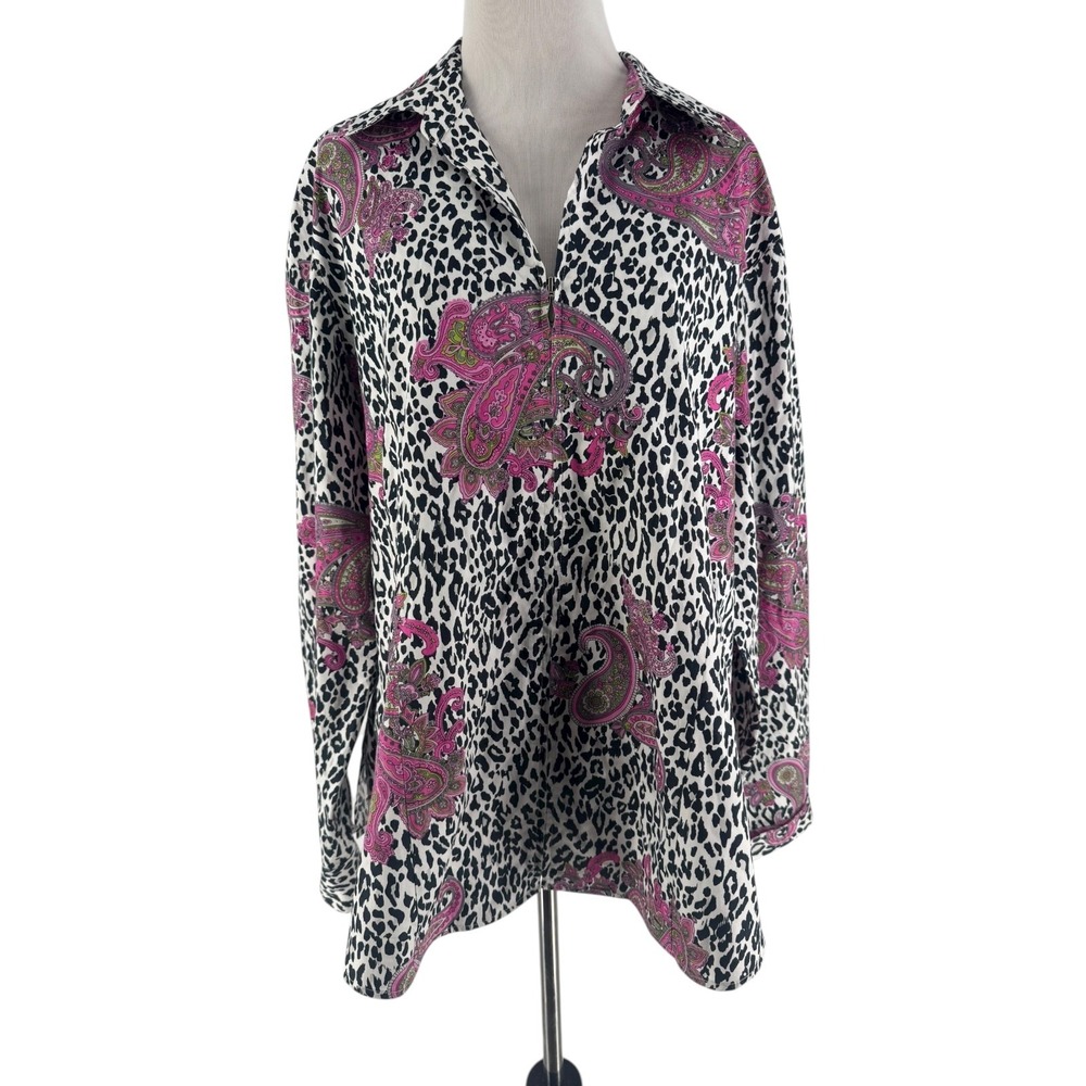 Foxcroft Wrinkle Free Fitted Animal Print Long Sleeve Zipper Front Blouse 20W